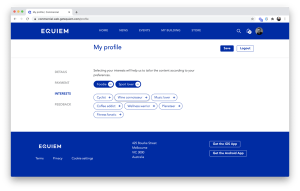 The 'interests' section of the Equiem tenant experience platform.